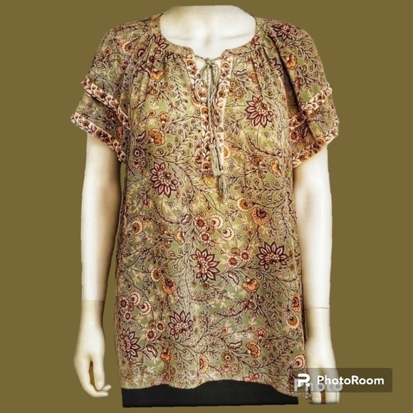 3/$30 DR2 Sage Floral Ruffle Short Sleeve Tie Neck Peasant Blouse - Picture 1 of 9